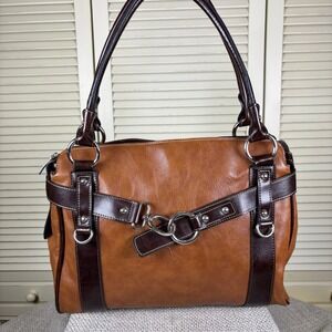 Vintage Rina Rich Cognac Brown Shoulder Bag Silver Buckle Purse Tote 90s Y2K